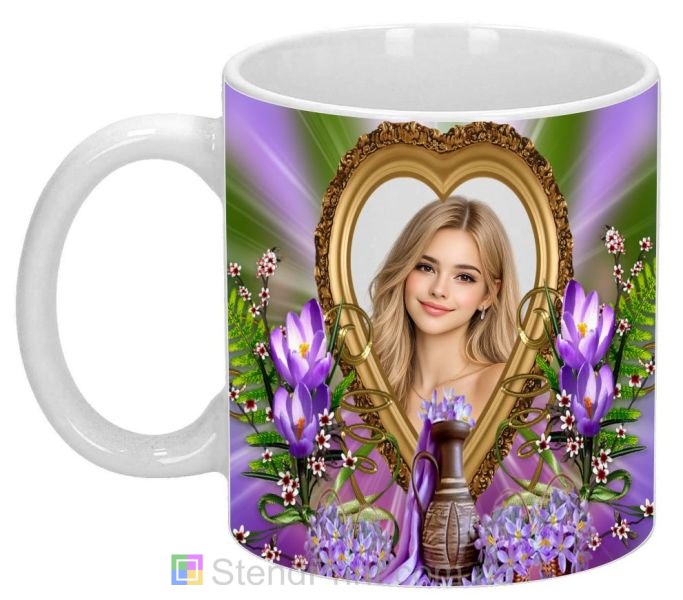 Кружка с фото в золотой рамке с фиолетовыми цветами романтичный персональный подарок заказать