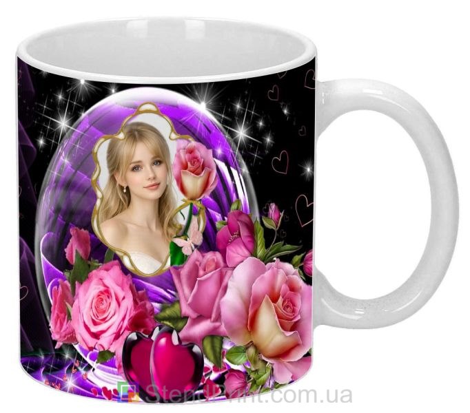 Чашка з фото у фіолетовій кулі з трояндами та серцями замовити Код-40292