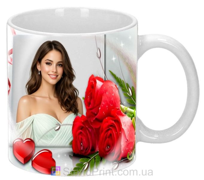 Горнятко з фото з червоними трояндами та серцями романтичний подарунок для коханої людини замовити