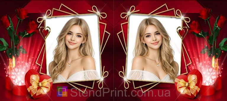 Кружка с фото в красном стиле с розами и золотой рамкой романтический подарок заказать