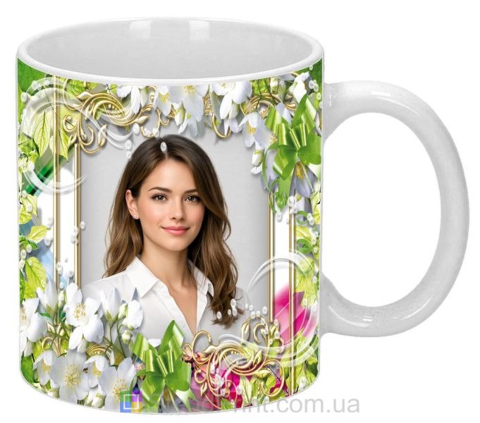 Кружка с фото жасмин белые цветы золотой узор заказать
