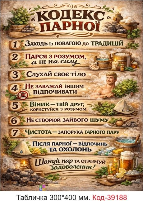 Табличка Кодекс парной для бани и сауны купить