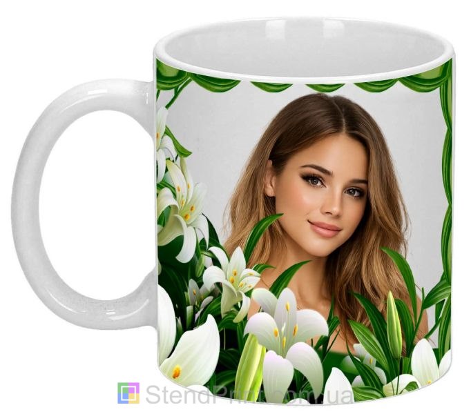 Чашка с фото весенний подарок девушке с лилиями заказать