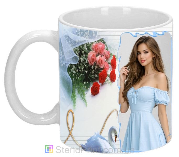 Чашка з фото для коханої з трояндами та лебедем що подарувати дівчині замовити