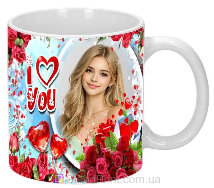 Кружка с фото I Love You с розами романтичный персональный подарок