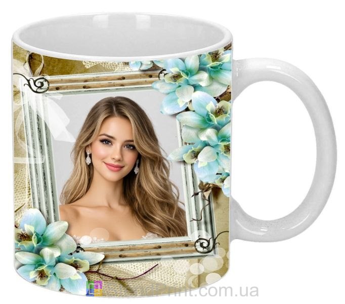 Чашка с фото для девушки с голубыми цветами красивый подарок заказать