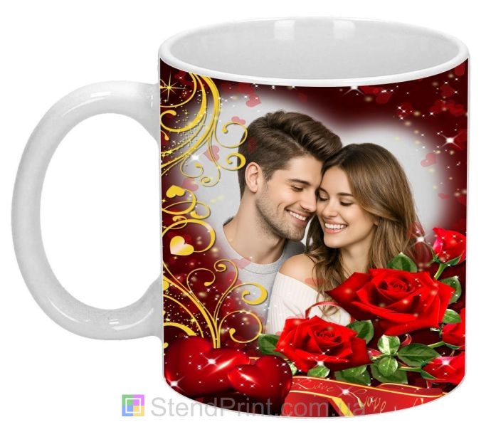 Кружка с фото с красными розами и сердцами романтический персональный подарок заказать