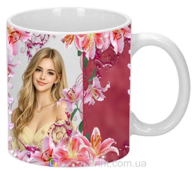 Кружка з фото з рожевими ліліями ніжний квітковий подарунок замовити