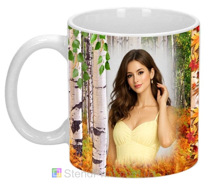 Чашка з фото осінній ліс берези та листя персональний фотодрук