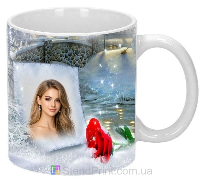 Кружка з фото для дівчини зимовий подарунок із трояндою замовити