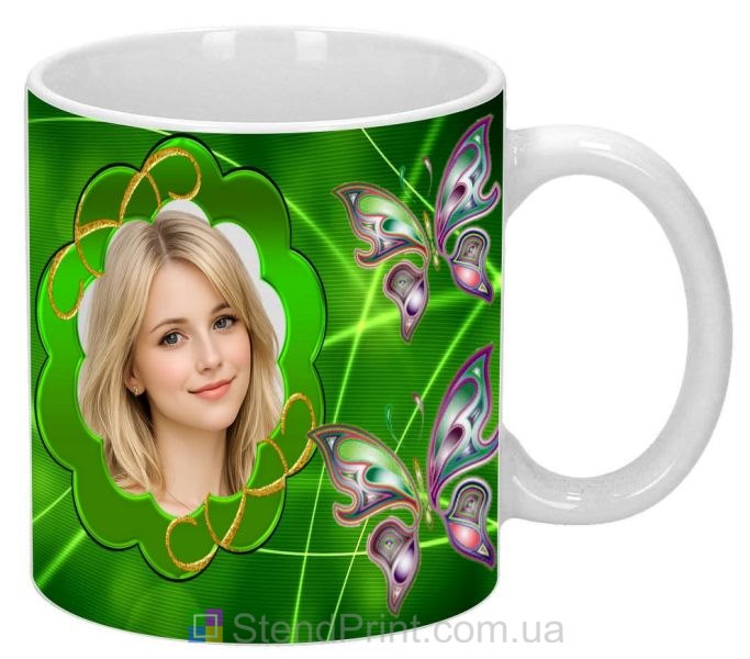 Кружка з фото для дівчини — зелений дизайн із метеликами, подарунок, замовити