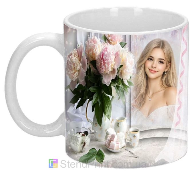 Кружка з фото квітковий колаж із солодощами, персональний друк на кружці