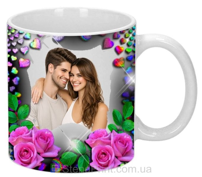 Чашка с фото с розами и сияющими сердцами романтический персональный подарок заказать онлайн