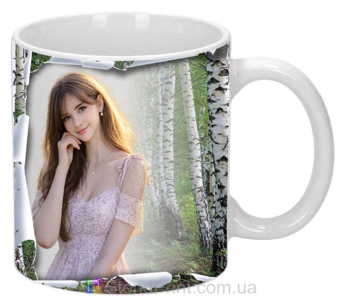 Кружка с фото эффект разорванной страницы и березовый лес персональная печать заказать