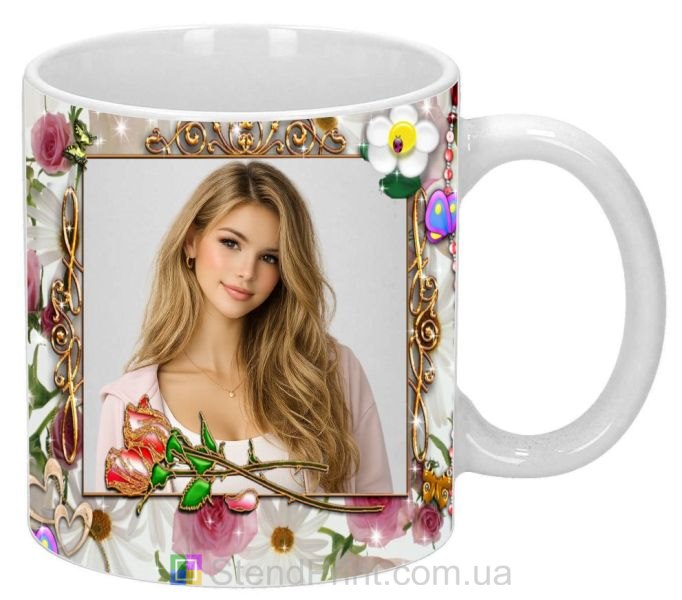 Горнятко з фото для коханої з трояндою в рамці оригінальний подарунок дівчині