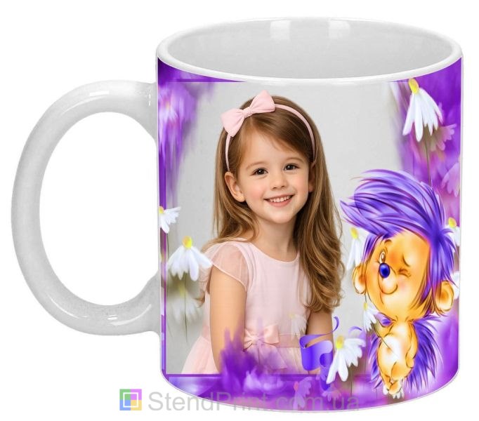 Детская кружка с фото цветы и мультяшный ёжик