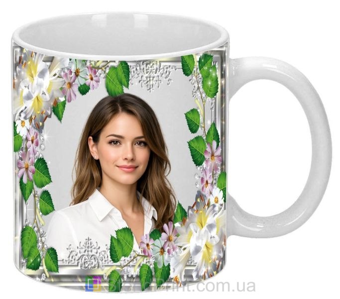 Чашка з фото квіти та зелені пелюстки ніжний подарунок замовити