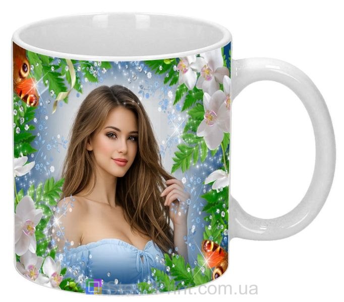 Чашка с фото для девушки с орхидеями и бабочками заказать подарок