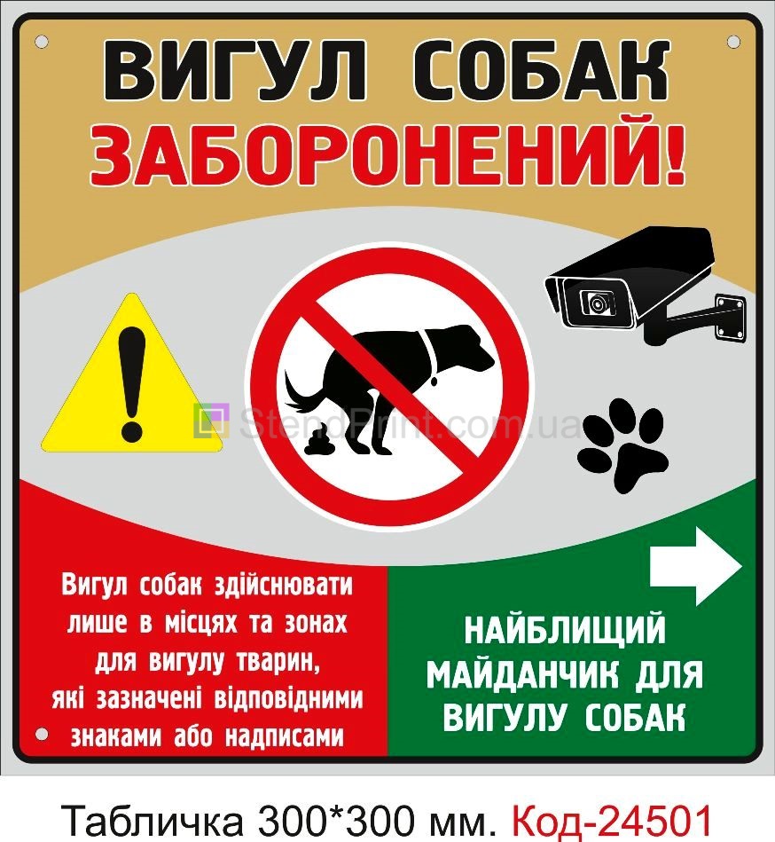 Пластикова табличка "Вигул собак заборонений" Код-23744
