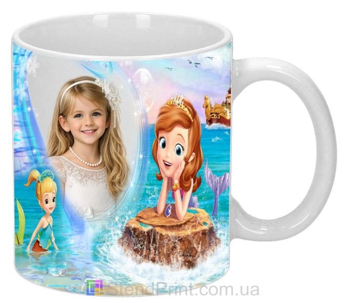 Детская кружка с фото русалочки и сердечко
